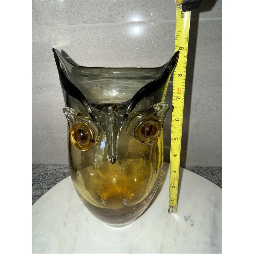 MOUTH BLOWN Amber Gray Vase OWL Shape LARGE 9